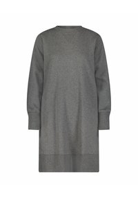 Szara sukienka-sweterek z długimi rękawami, okrągłym dekoltem i lekko oversize'owym krojem, wykonana z miękkiego materiału o gładkiej fakturze.