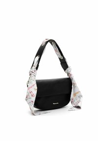 Black leather handbag with a flap closure, featuring a floral patterned fabric scarf tied around the handle for accent. Gold hardware detail.