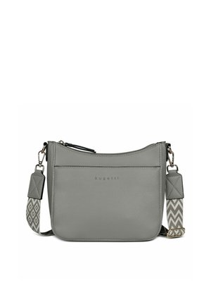 Gray Bugatti leather shoulder bag with zip closure and patterned adjustable strap with metal clasps.