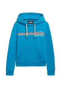 Blauwe hoodie met een voorzak, trekkoord capuchon en geribbelde manchetten. Kenmerkt zich door een kleurrafiek met palmbomen en het "Superdry"-logo.