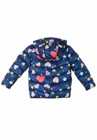 Giacca puffer blu navy con cappuccio, caratterizzata da un motivo colorato di cuori e stelle, texture trapuntata e maniche elastiche per una vestibilità perfetta.