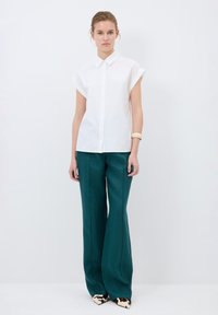 Witte kortemouwige button-up shirt met een kraag, gecombineerd met lange teal kleurige broeken en schoenen met een dierenprint met puntige neus. Gladde stofstructuren.