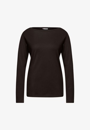 Schwarzes langärmeliges T-Shirt mit weit geschnittenem Ausschnitt, aus weichem Baumwollstoff gefertigt. Es hat einen lockeren Schnitt und ein schlichtes Design ohne Muster oder Akzente.