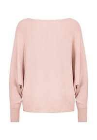 Hellrosa gestrickter Pullover mit lockerer Passform, weitem Bootsausschnitt und langen Ärmeln. Bündchen mit Rippenstruktur und weicher Textur.