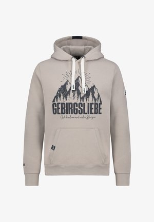 Beige hoodie met een voorste kangoeroezak, trekkoord capuchon en een bergafbeelding met de tekst "GEBIRGSLIEBE." Gladde textuur, ribgebreide mouwen.