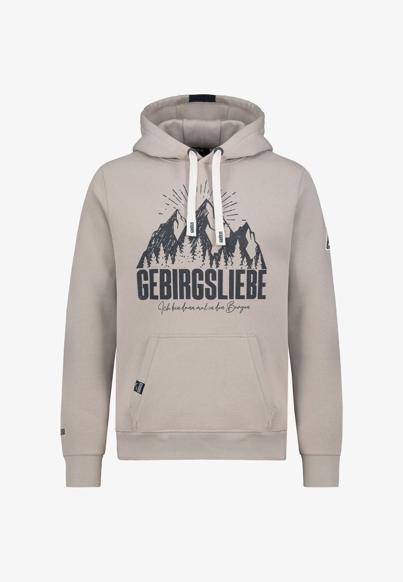 Beige hoodie met een voorste kangoeroezak, trekkoord capuchon en een bergafbeelding met de tekst "GEBIRGSLIEBE." Gladde textuur, ribgebreide mouwen.