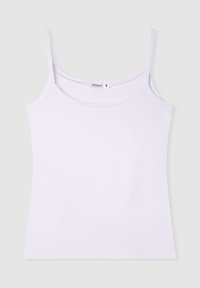 Canotta bianca con spalline sottili, realizzata in un tessuto liscio e elastico. Presenta un collo rotondo e una silhouette aderente.
