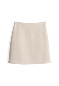Beige Rock in knie-langer Länge aus weichem Stoff, mit einem schlichten, geraden Schnitt ohne Muster oder Verzierungen.