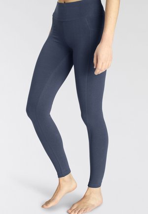 Navy blue leggings made of stretchy fabric, featuring a high-waisted design, smooth texture, and seamless side panels.