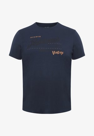Marineblaue Baumwoll-T-Shirt mit kurzen Ärmeln, mit geprägtem schwarzen und kupferfarbenen Drucktext, der "Authentic Traditional Vintage" sagt.