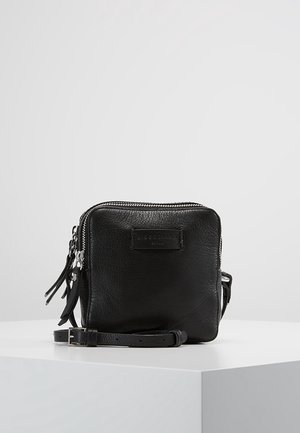 Black textured leather square crossbody bag with double silver zippers and adjustable strap on white surface against gray background.
