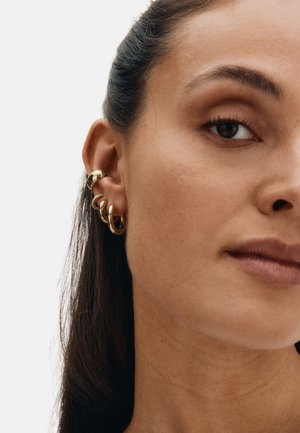 Gold hoop earrings in various sizes, featuring a smooth, shiny texture. Worn in multiple piercings along the ear, highlighting layered design.