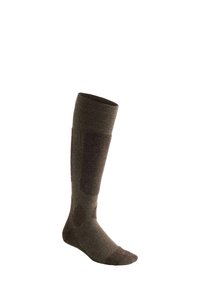 Brown knee-high sock with reinforced heel, toe, and calf areas, designed for warmth and durability.