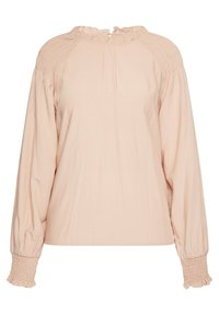 Langærmet bluse i lyserødt stof. Har en høj flæsekrave, smock-detaljer ved skuldrene og elastiske manchetter.