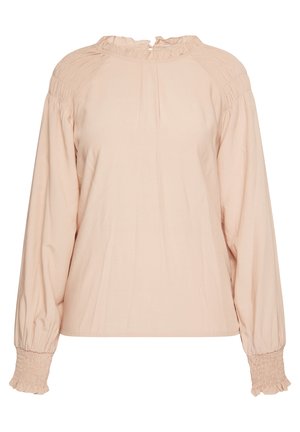 Hosszú ujjú blúz világos rózsaszín anyagból. Magas ráncolt gallérral, ráncolt részletekkel a vállaknál és rugalmas mandzsettákkal rendelkezik.