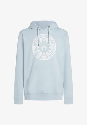 Hele sinine kapuutsiga fliis pehmest materjalist, millel on ees tasku, pikad varrukad, reguleeritavad nöörid ja rinnal graafiline trükk.