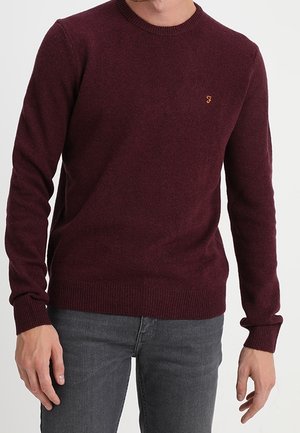 Mann trägt einen eng anliegenden, langärmligen, kastanienbraunen Pullover mit kleinem besticktem Logo auf der Brust, kombiniert mit dunkelgrauen Jeans.