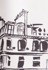 Schwarz-weiß-Zeichnung eines Gebäudes auf einer weißen Fläche, mit Fenstern, Bögen und aufwendigen Dachdetails, die die architektonischen Linien betonen.