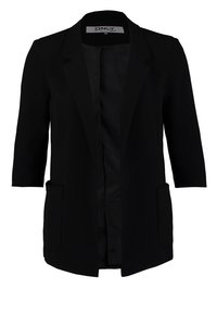 Černý blazer s tříčtvrtinovými rukávy, otevřeným předním dílem, dvěma předními kapsami, hladkým materiálem a upraveným střihem. Podšívkový interiér.