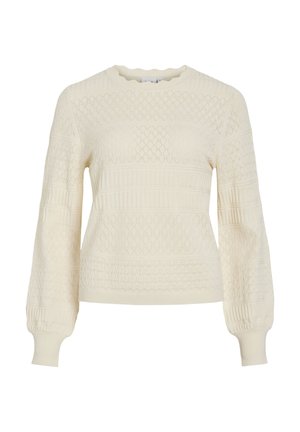 Kreemikas kootud džemper teemant- ja soonikkoes musteritega, pikad puhvis varrukad ning soonikkoes varrukaotsad ja alumine äär.