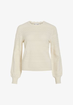 Kremfarvet strikket sweater med diamant- og ribmønstre, lange puffede ærmer samt ribstrikkede manchetter og kant.