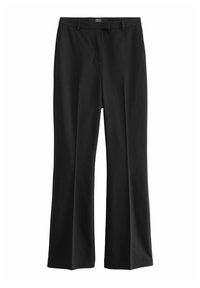 Pantalons noirs à jambes larges avec une texture lisse, devant plat et passants de ceinture. Fabriqués dans un tissu léger adapté aux tenues décontractées ou formelles.