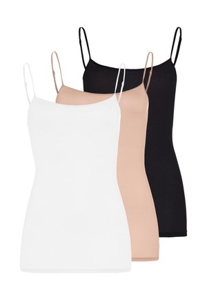 Kolme hihattoman topin ohuilla olkaimilla, valkoisina, beigenä ja mustina, päällekkäin edestä taakse valkoisella taustalla.