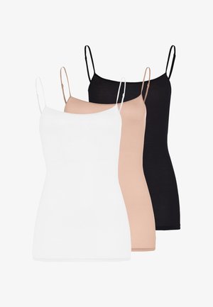 Trois hauts camisoles sans manches avec fines bretelles, en blanc, beige et noir, superposés de l'avant vers l'arrière sur un fond blanc.