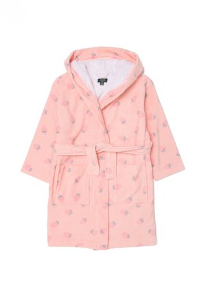 Pinker Kapuzenbademantel mit Erdbeermuster, aus weichem Frottee. Verfügt über zwei Vordertaschen und einen Bindegürtel zum Verschließen.