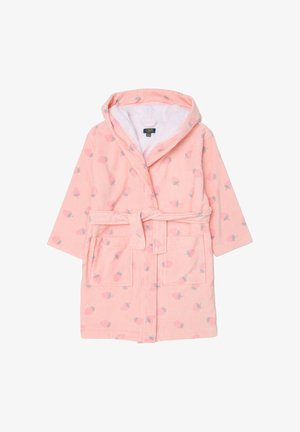 Peignoir à capuche rose avec un motif de fraises, en tissu éponge doux. Comprend deux poches avant et une ceinture à nouer pour la fermeture.