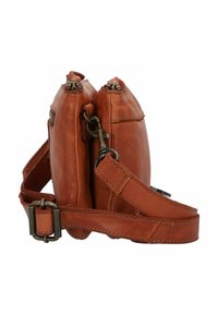 Braune Lederhandtasche mit zwei Fächern, Reißverschlüssen an der Oberseite und rechteckiger Form. Verfügt über einen abnehmbaren Schultergurt und metallische Hardwareakzente.
