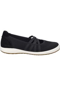 Chaussure noire en mesh à enfiler avec des sangles élastiques croisées, semelle blanche et semelle marron, conçue pour un usage décontracté et confortable.