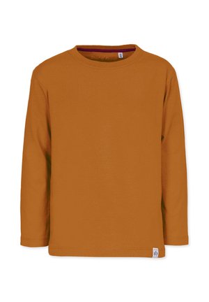 Langarmshirt aus weichem, orangefarbenem Stoff mit rundem Halsausschnitt und einem kleinen Logo-Label auf der unteren rechten Seite. Schlichtes Design und normale Passform.