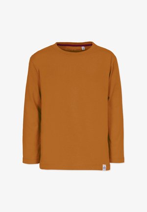 Langærmet skjorte lavet af blødt, orange stof med rund halsudskæring og et lille logo-tag i nederste højre hjørne. Enkel design og almindelig pasform.