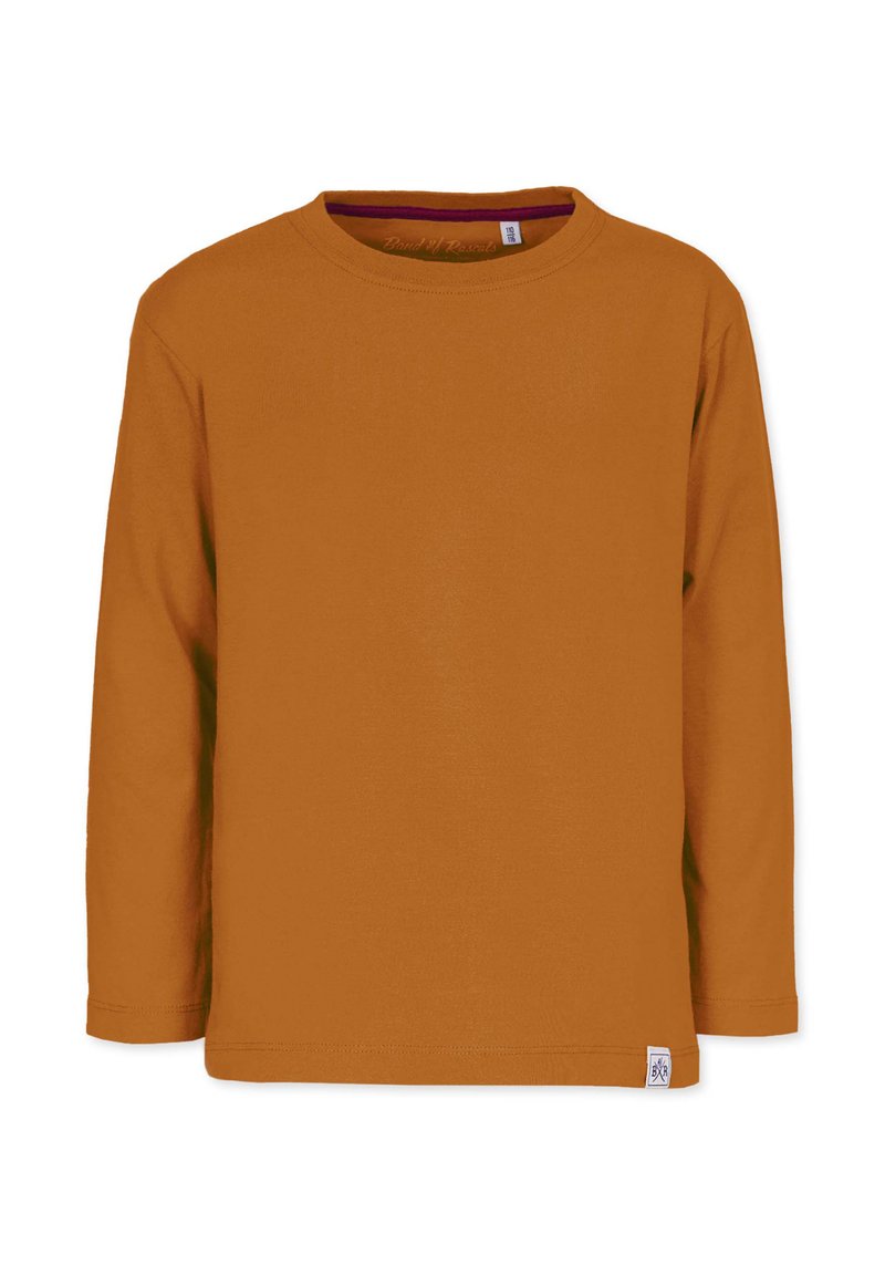 Langarmshirt aus weichem, orangefarbenem Stoff mit rundem Halsausschnitt und einem kleinen Logo-Label auf der unteren rechten Seite. Schlichtes Design und normale Passform.