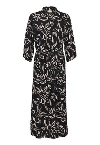 Musta mekko, jossa on kermaan vivahtava kasvikuvio, kauluksellinen pääntie, 3/4-pituiset hihat ja vyötäröllä vyö. Kevyt kangas.