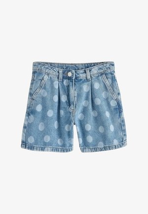 Pantaloni scurți din denim de culoare albastru deschis, cu un model de buline estompate. Au buzunare frontale și închidere cu nasture la talie.