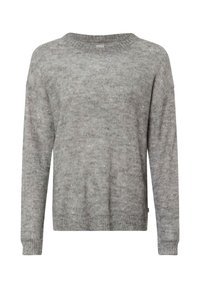 Grauer Strickpullover mit Rundhalsausschnitt, langen Ärmeln und leicht lockerer Passform. Verfügt über dezente Glitzerakzente im gesamten Stoff.