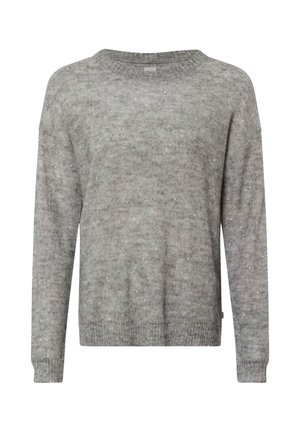 Maglione grigio a maglia con scollo rotondo, maniche lunghe e una vestibilità leggermente ampia. Presenta sottili accenti scintillanti su tutta la superficie del tessuto.