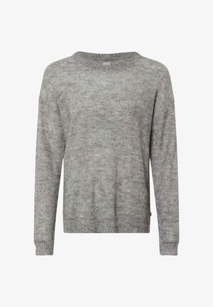 Maglione grigio a maglia con scollo rotondo, maniche lunghe e una vestibilità leggermente ampia. Presenta sottili accenti scintillanti su tutta la superficie del tessuto.