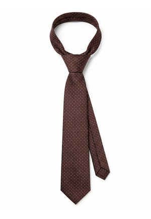 Ruskea solmio, jossa pieniä valkoisia pilkkuja, sidottu Windsor-solmuun, esillä valkoista taustaa vasten.