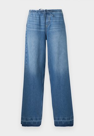 Blå denim bukser med vide ben, elastisk talje og snøre, med lette falmede områder og syede kanter.
