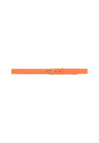 Orange leather belt with a smooth texture, featuring a silver-tone round buckle and keeper, designed with multiple holes for adjustments.