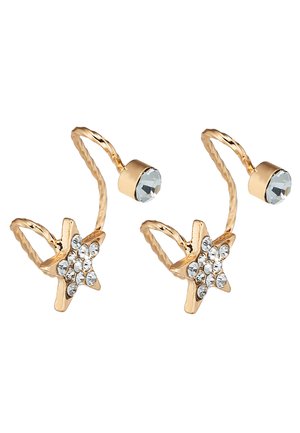 Gold-tone earrings featuring twisted wire design, star shape with rhinestone accents, and a clear crystal at the top of each piece.