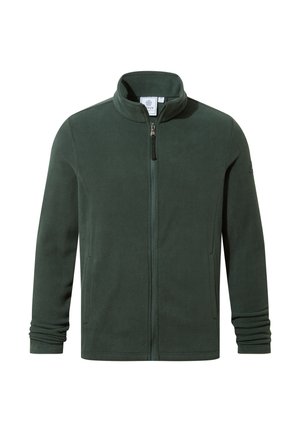 Dark green fleece jacket with a zip front, high collar, side pockets, and ribbed cuffs. Soft texture and clean design without patterns.