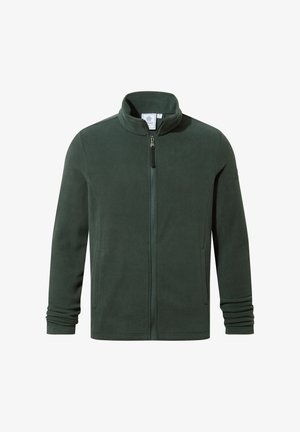 Dark green fleece jacket with a zip front, high collar, side pockets, and ribbed cuffs. Soft texture and clean design without patterns.