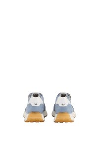 Blauwe en witte suède sneakers met een gestructureerde zool en een rits aan de achterkant. Voorzien van een ronde neus en een contrasterende zoolkleur.