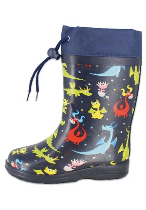 Botte de pluie en caoutchouc avec un haut bleu marine, arborant un motif de dragon coloré sur un fond sombre. Comprend un système de fermeture à cordon ajustable.