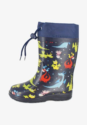 Rubberen regenlaars met een marineblauwe bovenkant, voorzien van een kleurrijk drakenpatroon op een donkere achtergrond. Inclusief verstelbare koordsluiting.