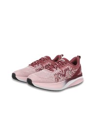 Lightweight athletic shoes in pink and maroon, featuring a breathable mesh upper, thick sole, and textured accents on the sides.